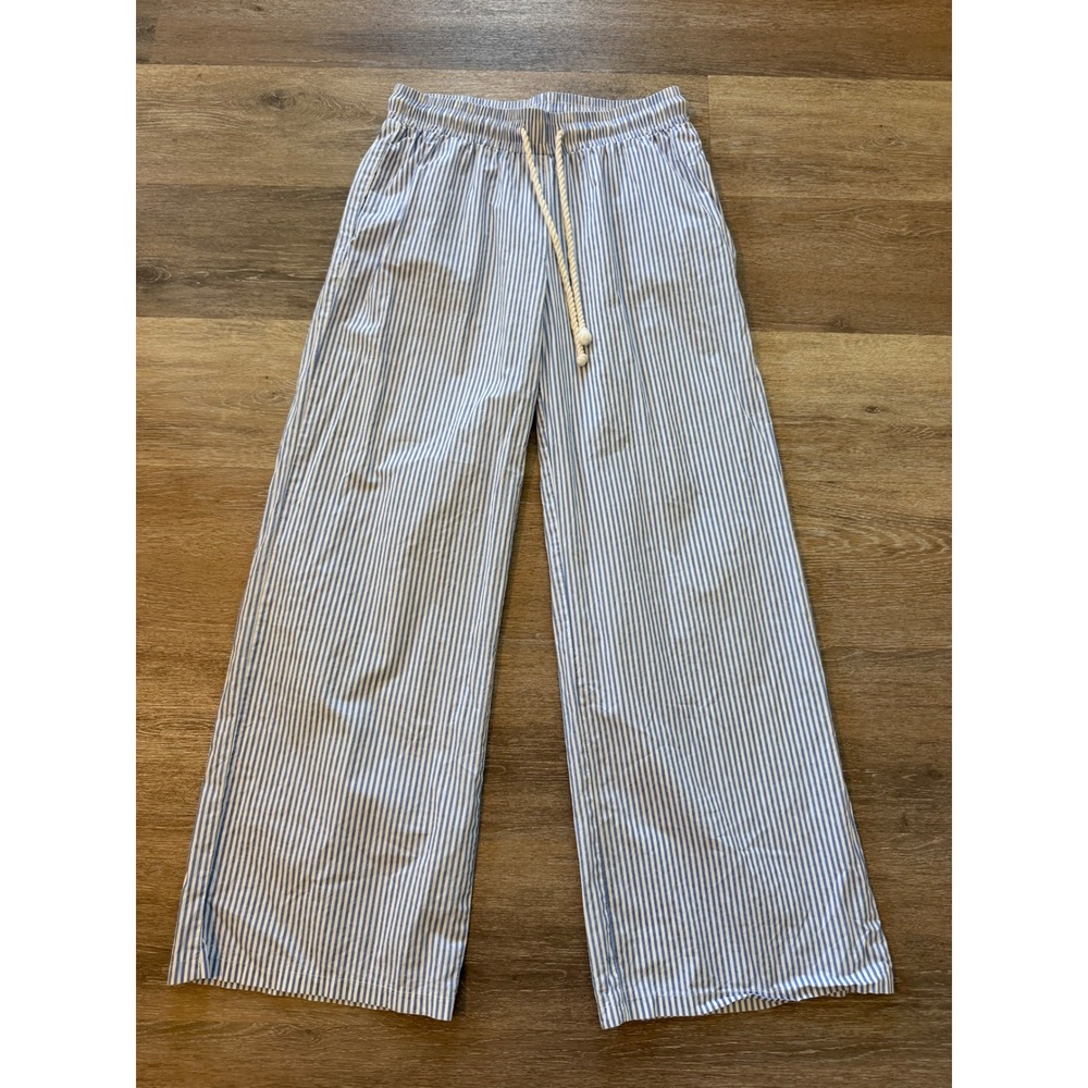 Edikted Blue White Striped Wide Leg Cotton Pants Elastic Waist Drawstring Size M